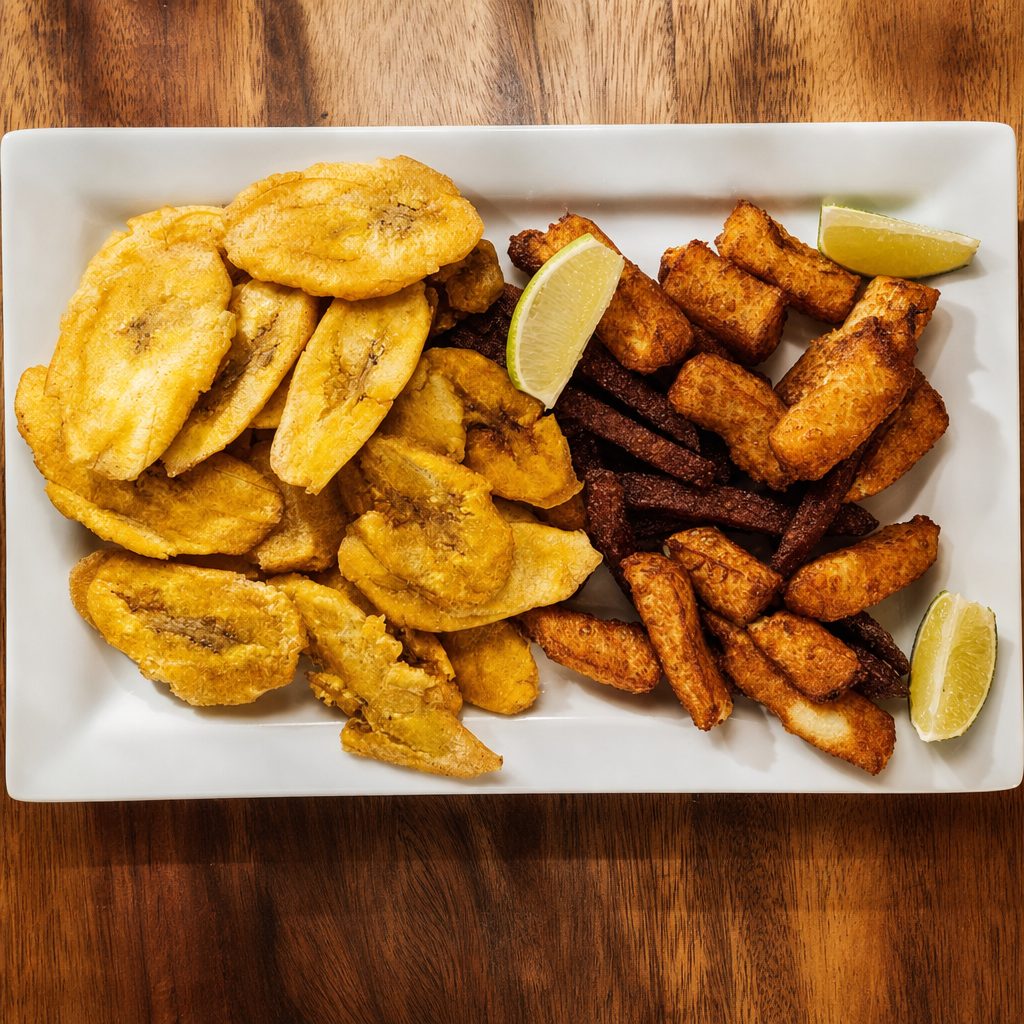 Tostones Con Queso Y Salami / Cheese and Salami Fried Green Plantains.