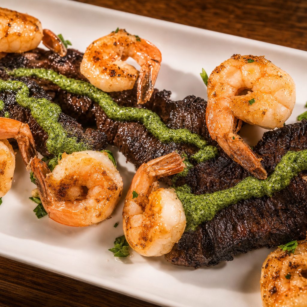 Churrasco Y Camarones / Skirt Steak and Shrimp.