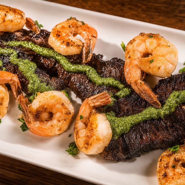Churrasco Y Camarones / Skirt Steak and Shrimp.